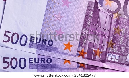 500 euro banknotes. Economics and finance. Two five-hundred-euro bills are stacked on top of each other. European currency. Close-up. The single currency of the European Union. Cash banknotes. Royalty-Free Stock Photo #2341822477