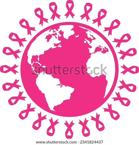 a close up of a pink ribbon around a globe with stars