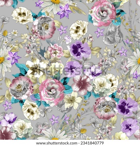 Seamless pattern with spring flowers and leaves. Hand drawn background. floral pattern for wallpaper or fabric. Flower rose. Botanic Tile.
all over print for textile and paper print  Royalty-Free Stock Photo #2341840779