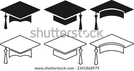 Graduation cap icon set. line and glyph version, student hat outline and filled vector sign. Academic cap linear and full pictogram. Education symbol, logo. Different style icons. Royalty-Free Stock Photo #2341868979