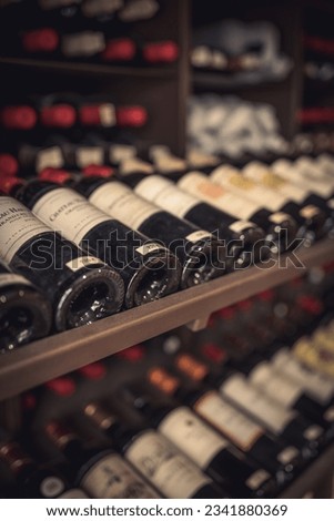 Rare bottles of wine for sale in Bordeaux, saint emilion. Royalty-Free Stock Photo #2341880369