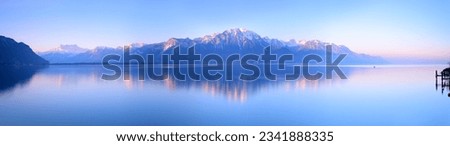 Panorama scene of Geneva Lake in early morning viewed from Montreux