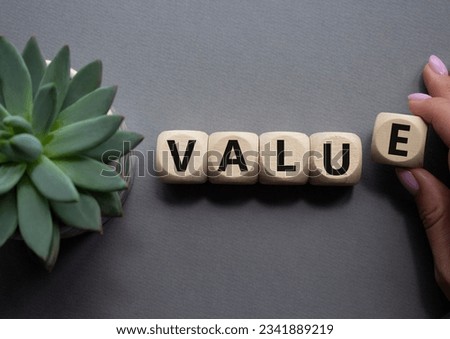 Value symbol. Concept word value on wooden cubes. Businessman hand. Beautiful grey background with succulent plant. Business and value concept. Copy space.