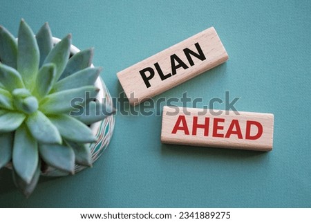 Plan ahead symbol. Wooden blocks with words Plan ahead. Beautiful grey green background with succulent plant. Business and Plan ahead concept. Copy space. Concept word Royalty-Free Stock Photo #2341889275