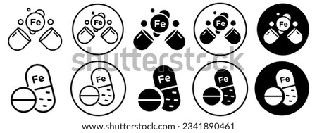 Iron Capsule symbol Icon. Flat calcium pill or drugs tablet outlined set collection. Vector logo mark of medical pharmaceutical medicine or  health supplement with multivitamin. Web app ui icon of Fe Royalty-Free Stock Photo #2341890461