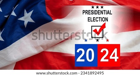 Presidential Election 2024 Written over Waving American Flag Royalty-Free Stock Photo #2341892495