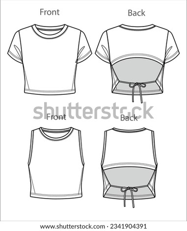 Vector crop top fashion CAD, woman round neck short sleeved t shirt technical drawing, slim fit with opened back blouse template, sketch, flat. Jersey  fabric top with front, back view, white color Royalty-Free Stock Photo #2341904391
