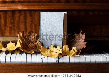 Old classical piano with autumn leaves and a book with a black leather cover, similar to a Bible, the concept of learning, theology Royalty-Free Stock Photo #2341910953