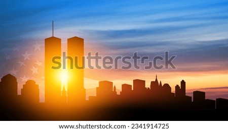 New York skyline silhouette with Twin Towers and USA flag at sunset. 09.11.2001 American Patriot Day banner. Royalty-Free Stock Photo #2341914725