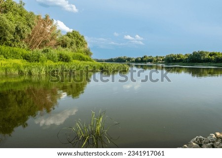 Volgograd region, Russia, Don river, July 30, 2023. View of the Don River at the place of the ferry crossing, the village of Novogrigorievskaya Royalty-Free Stock Photo #2341917061