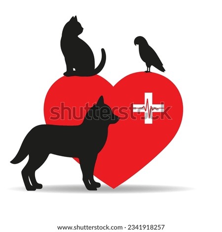 Illustration of a logo of a veterinary clinic. Pets on the background of a heart with a medical cross