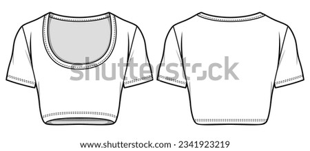 Women's Crop top T Shirt Blouse flat sketch fashion illustration drawing template mock up with front and back view. Crew neck shorts sleeve Blouson T shirt  Royalty-Free Stock Photo #2341923219
