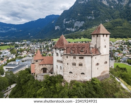 Aerial image of the medieaval castle on the rock Gutenberg Castle in Liechtenstein.