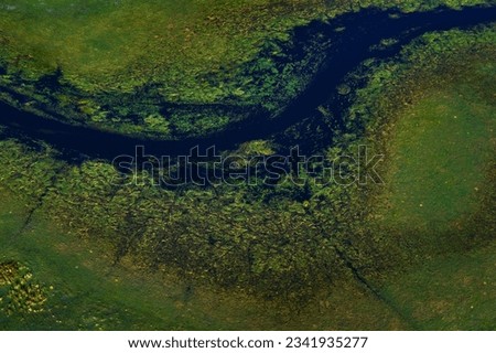 Travel in Botswana. Africa aerial landscape, green river, Okavango delta in Botswana. Lakes and rivers, view from airplane. Forest. vegetation in South Africa. Trees with water in rainy wet season. 