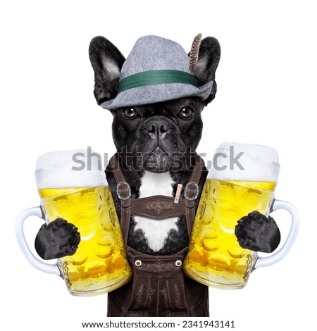bavarian german dog holding two big beer mugs