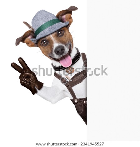 oktoberfest dog smiling happy with peace or victory fingers besides white blank banner or placard