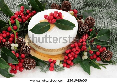 Christmas cake with snow, holly, ivy, mistletoe, pine cone and fir background.