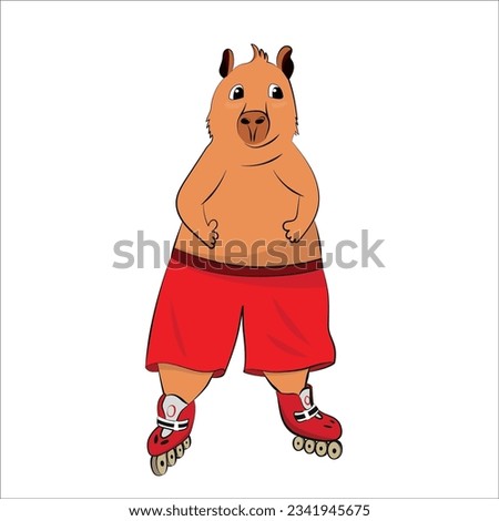 Cute cartoon capybara on rollers in red shorts. Sport vector illustration. Isolated animal vector. Flat cartoon style isolated sticker, print, design.