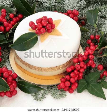Christmas cake with snow, holly, ivy and fir background.