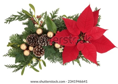 Poinsettia flower arrangement with gold bauble decorations and winter greenery over white background.