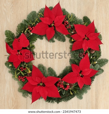Poinsettia flower wreath with holly, fir, mistletoe and pine cones over light oak background.
