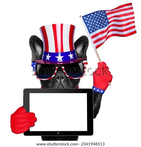 american french bulldog holding a blank tablet pc and waving with usa flag