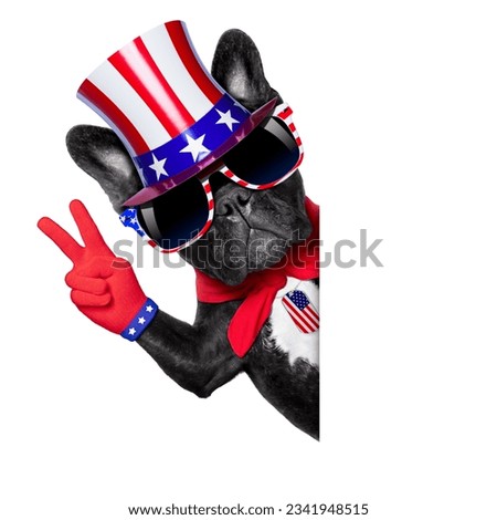 french bulldog with victory and peace fingers behind a white blank banner or placard