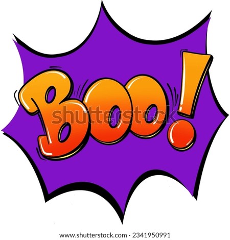 Halloween clip art illustration with the word Boo in yellow orange lettering on purple background 