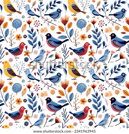 Seamless pattern birds and floral doodle. Watercolor hand drawn background birds and flowers.