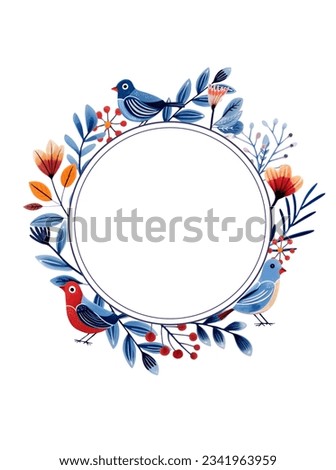 Round frame with birds in ethnic style. Birds and leaves for your design, template. Greeting card, border.