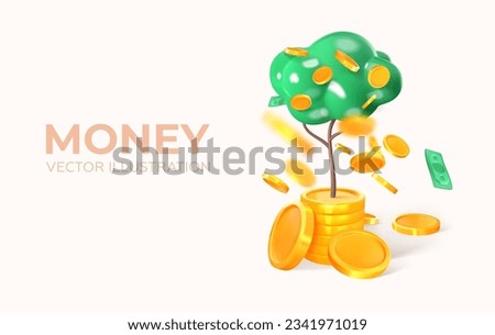 Money tree with coins and dollar bills. Income growth. In 3d style. Vector illustration Royalty-Free Stock Photo #2341971019