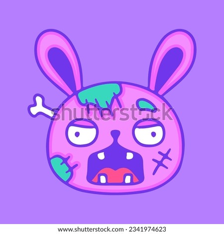 Funny zombie bunny character, illustration for t-shirt, sticker, or apparel merchandise. With doodle, retro, groovy, and cartoon style.
