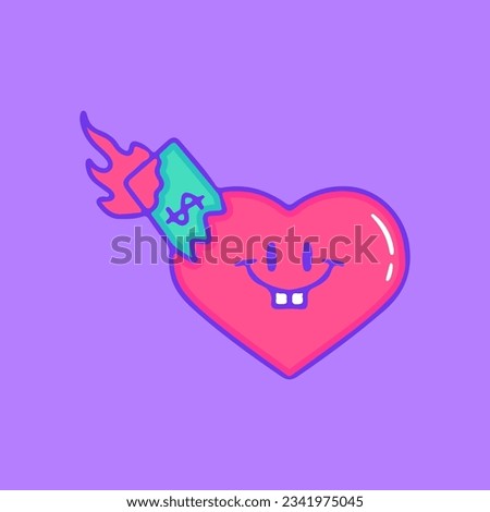 Broken heart character with burning money inside, illustration for t-shirt, sticker, or apparel merchandise. With doodle, retro, groovy, and cartoon style.