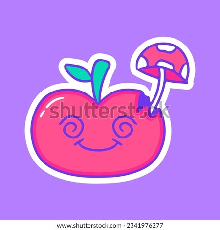 Broken apple fruit character with magic mushroom inside, illustration for t-shirt, sticker, or apparel merchandise. With doodle, retro, groovy, and cartoon style.