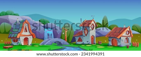 Rustic landscape, village with cute houses. Mountainous area with a waterfall, stone bridge across the river, a tower house with a stained-glass window. Panoramic landscape, parallax. Vector cartoon