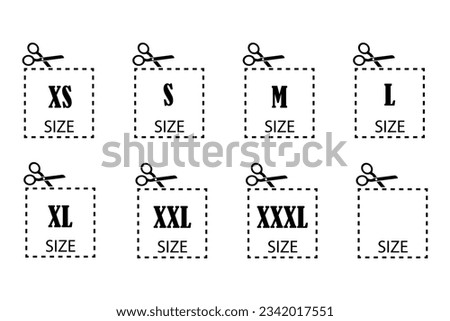 Clothing sizes labels. Clothing sizes icons. Symbols XS, S, M, L, XL, XXL. Vector illustration. Eps 10.