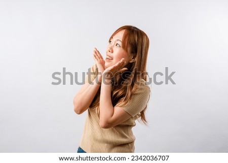 Asian Woman emotions, lifestyle leisure and beauty concept. Upbeat happy and cheerful, having fun, partying  and smiling over white background