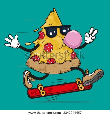 Creative pizza cartoon skating in a red skateboard, wearing sun glasses make the peace sign with the hand. EPS-VECTOR