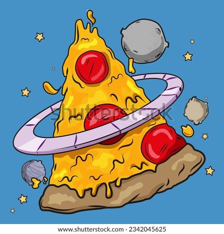 Pizza Planet.  Funny slice of pizza in the middle of the space with an onion slice around it. 