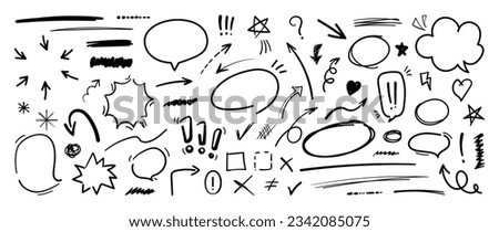 Set of cute pen line doodle element vector. Hand drawn doodle style collection of speech bubble, arrow, firework, star, heart, thunderbolt. Design for decoration, sticker, idol poster, social media.