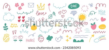 Set of cute pen line doodle element vector. Hand drawn doodle style collection of arrow, speech bubble, crown, flower, scribble, colorful. Design for decoration, sticker, idol poster, social media. Royalty-Free Stock Photo #2342085093