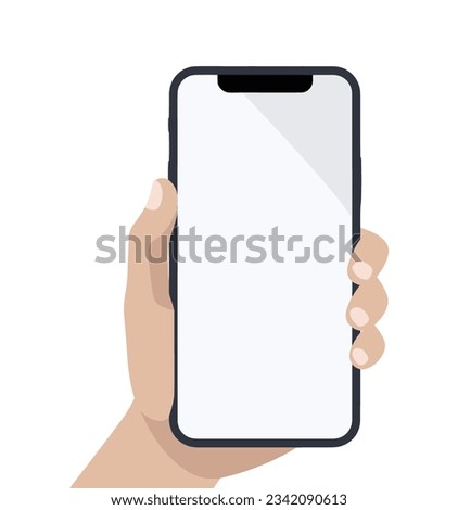 Mobile phone, smartphone. Hand holding mobile phone isolated on white background. 