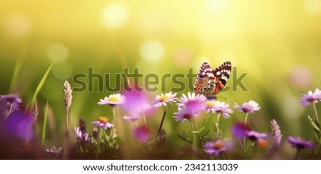 Abstract defocused spring - purple daisies and butterflies on the grass in a sunny field