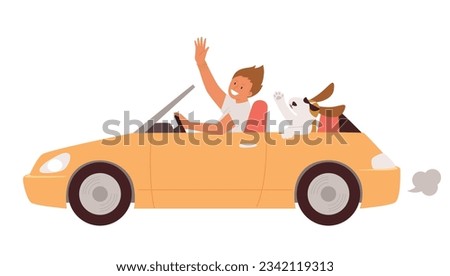 car driving holiday trip. A man and a dog are going on a road trip in a convertible.