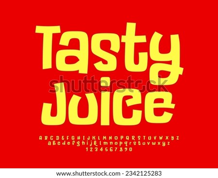 Vector advertising logo Tasty Juice with playful Yellow Font. Childish Alphabet Letters, Numbers and Symbols set Royalty-Free Stock Photo #2342125283