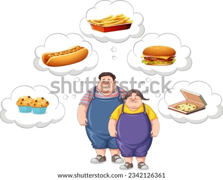 Overweight couple thinking about fast food illustration