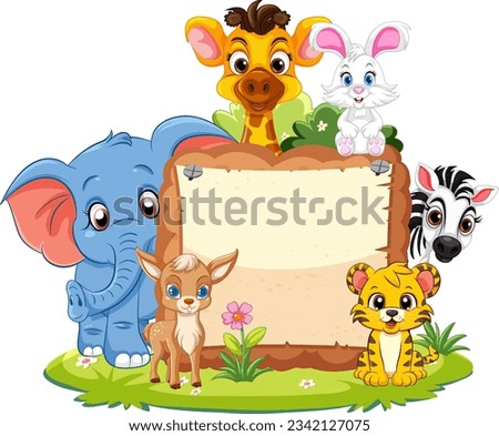 A vector cartoon illustration featuring wild animals in an outdoor setting
