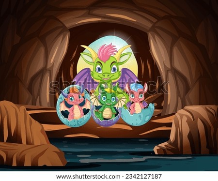 A cartoon illustration of a baby dragon hatching from an egg in a cave