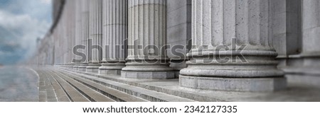 Stone colonnade and stairs detail. Classical pillars row in a building facade, New Yotk USA Royalty-Free Stock Photo #2342127335