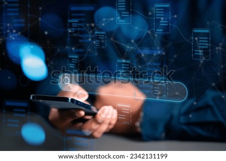Search engine data document content management system and online file, Data search and social communication concepts. Businessman using smartphone seaching information online. 